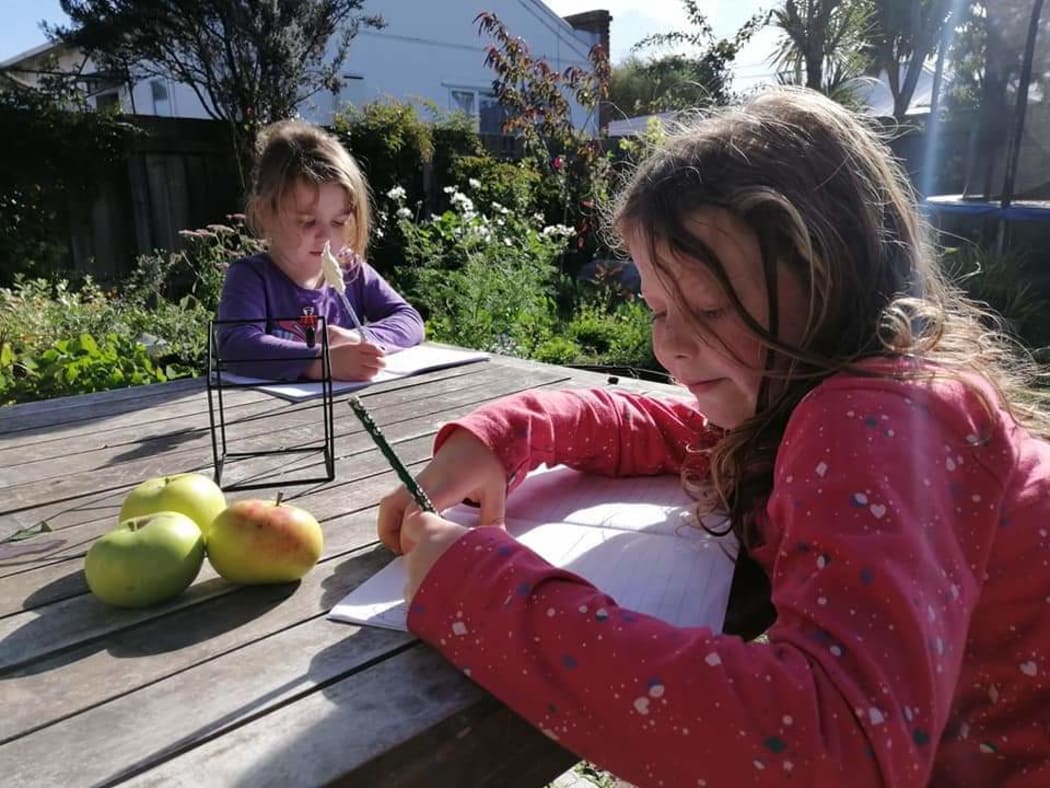 Anoushka, 6, and her sister Frieda, 4, learning from home in Dunedin.
