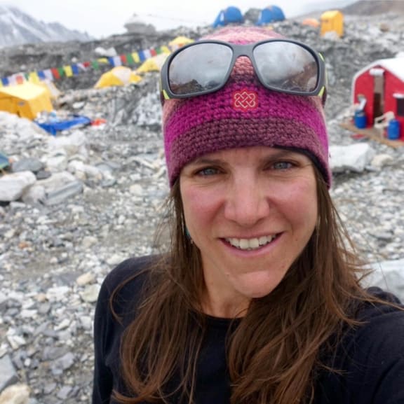 A portrait of Anthea Fisher at Everest Base Camp in 2016