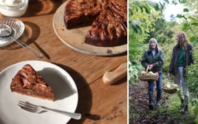 Composite image of Annabel & Rose Langbein gathering fruit and an image of their pear, nutmeg and walnut cake