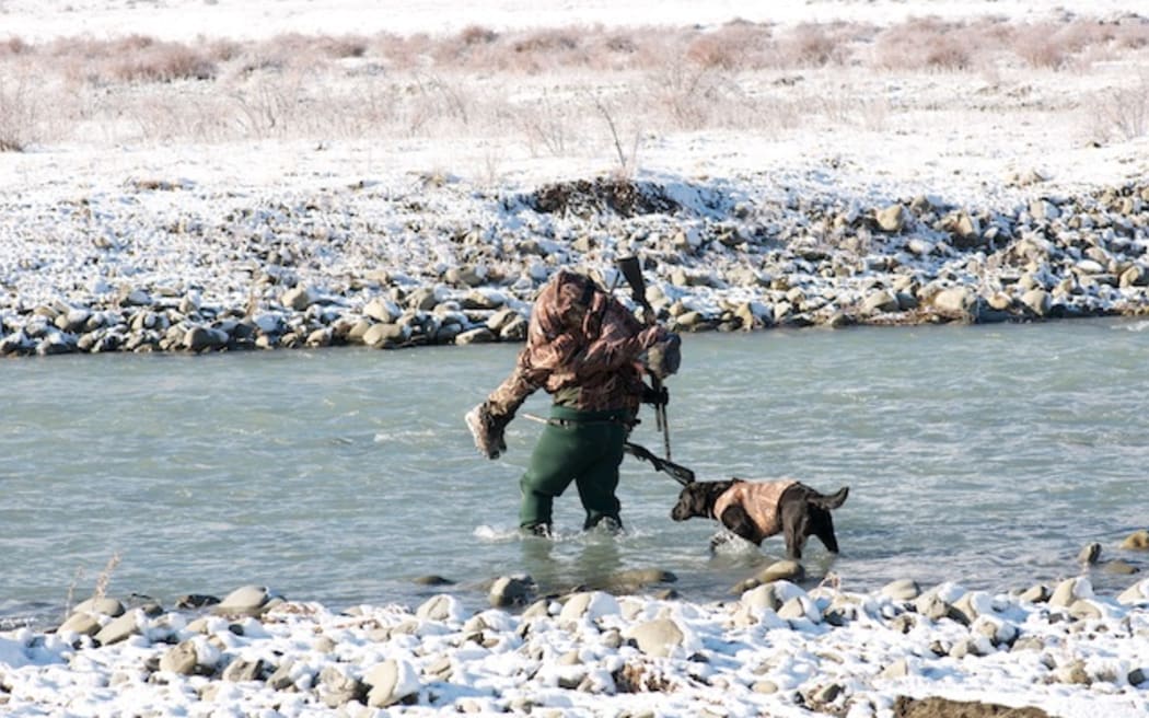 A father carries his son over a river as part of the Molesworth Goose Hunt.