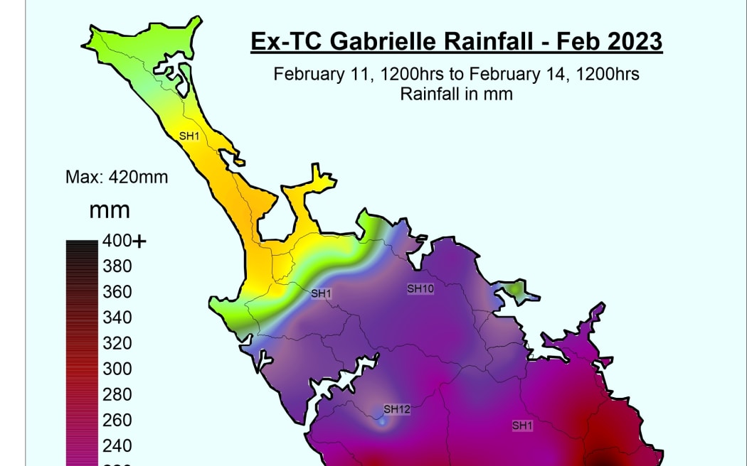 Cyclone Gabrielle rainfall distribution in Northland