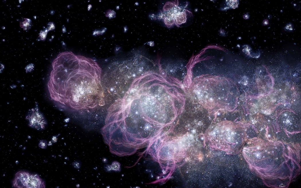 An artist's concept illustrates how the universe might have looked when it was less than 1 billion years old. Star formation voraciously consumed primordial hydrogen, churning out a multitude of stars.