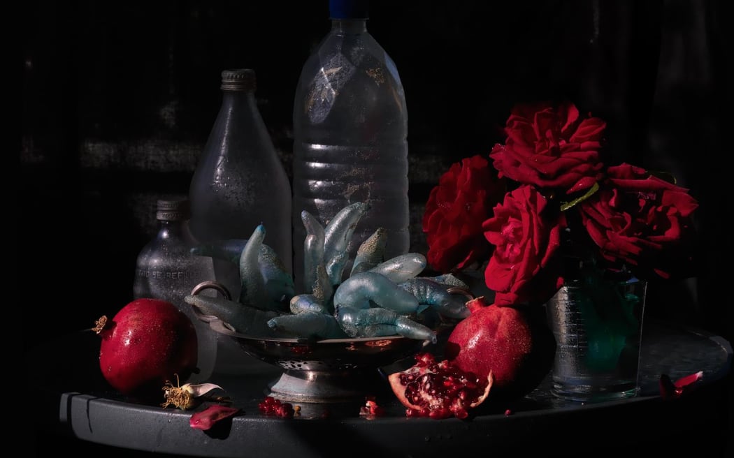 My Mother's Roses, Pomegranates and Silver Platter of Ihumoana, Ripiro Beach 2013 by Fiona Pardington
