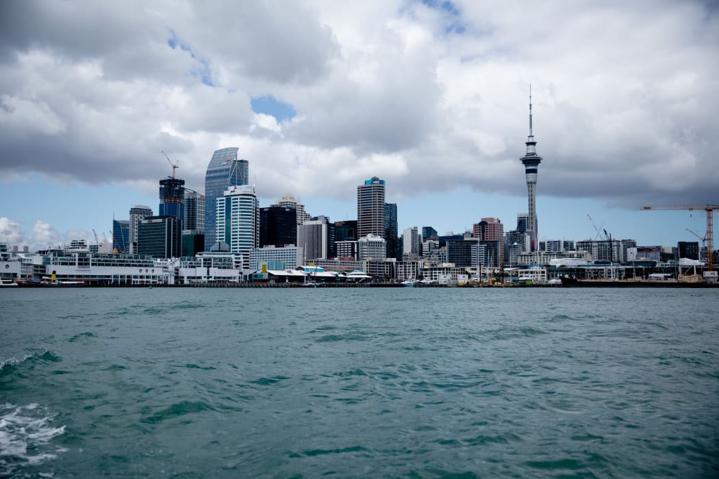 A view of Auckland's Sky Tower from across the harbour during the Covid-19 alert level four lockdown.