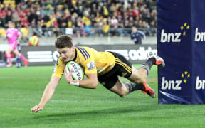 Hurricane first five Beauden Barrett scores against the Crusaders 2015.