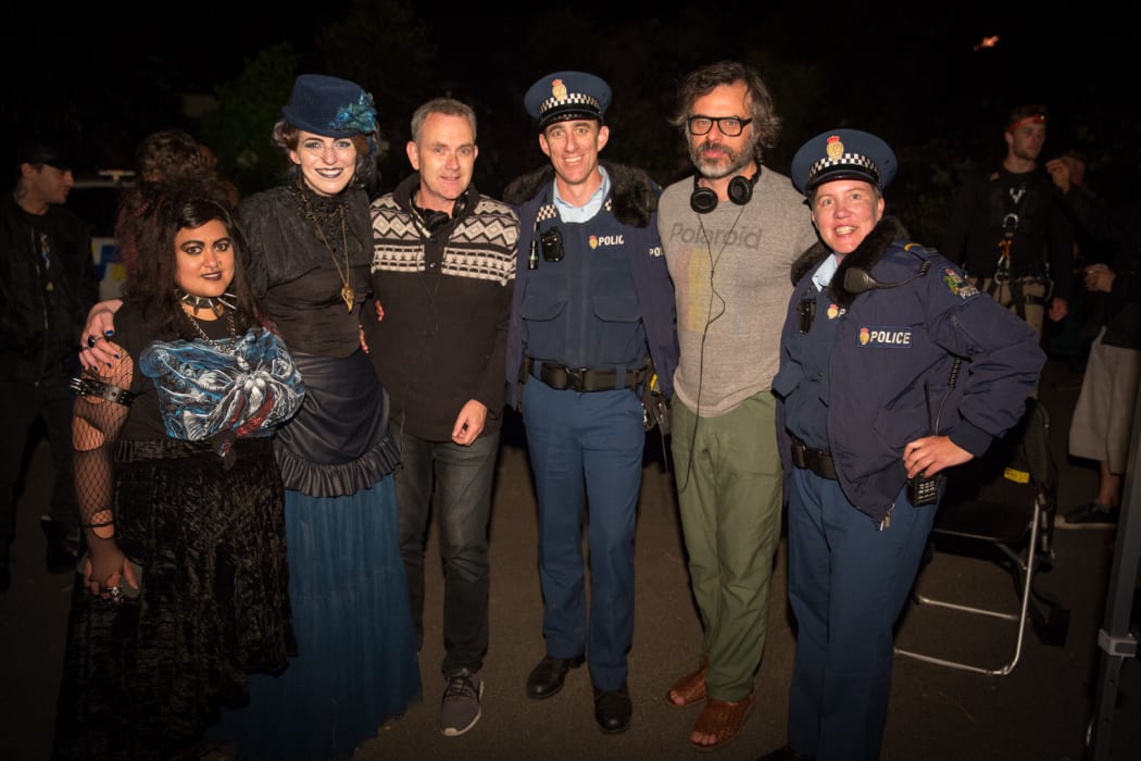 Jemaine Clement (second from right) on the set of Wellington Paranormal