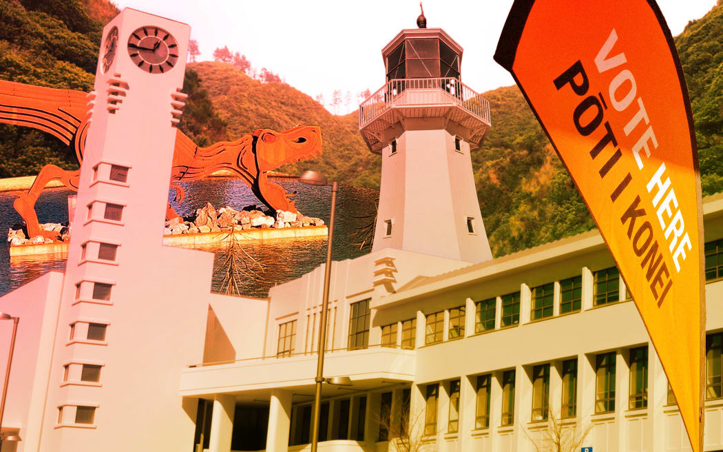 Composite of Lower Hutt City Council building, Pencarrow Lighthouse, and Alavon Park