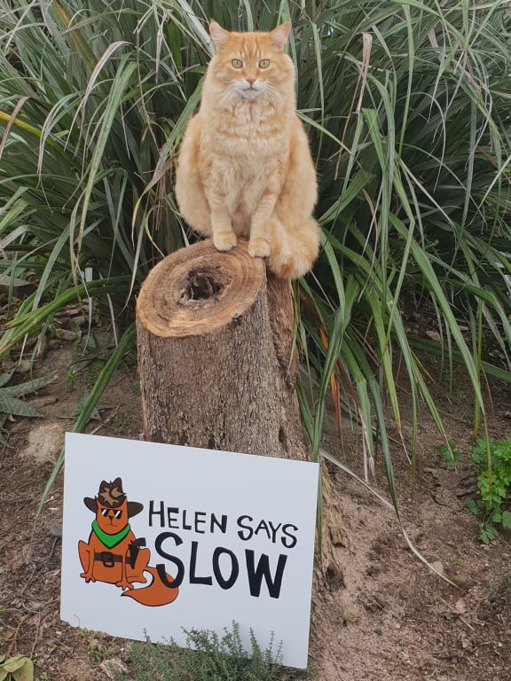 Helen in front of a sign warning visitors to Coromandel to slow down.