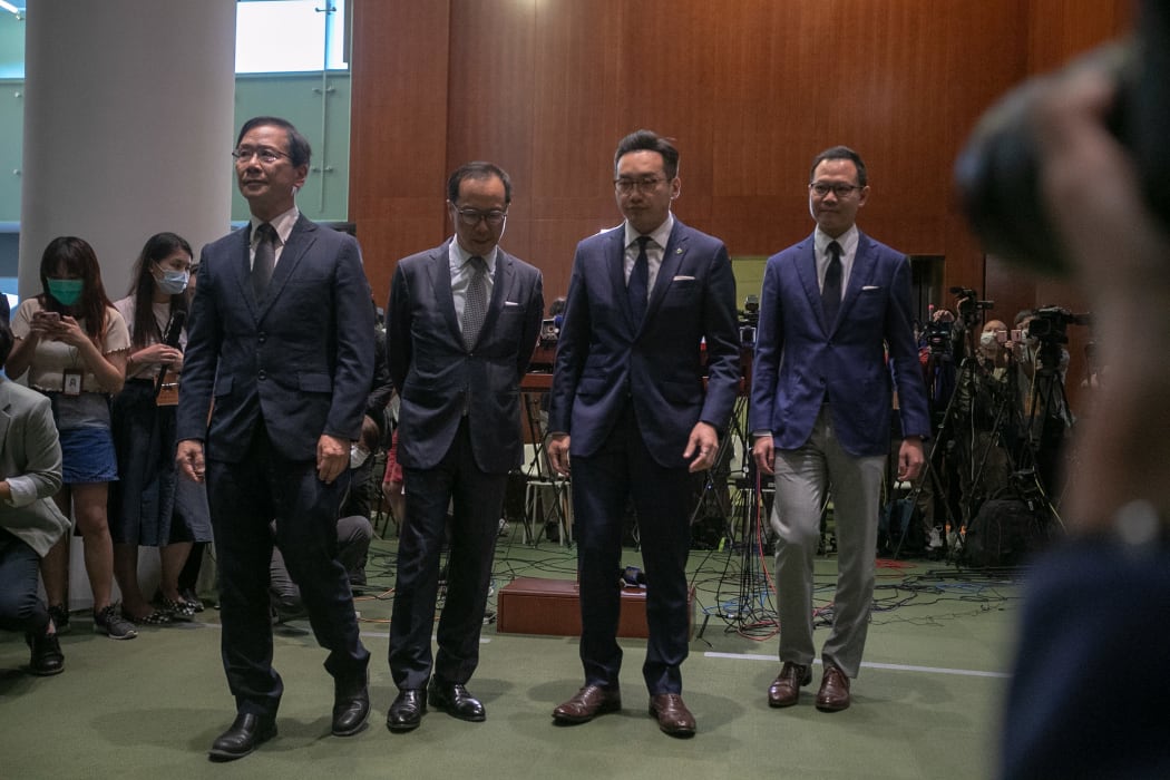 From left to right Kwok Ka-ki, Kenneth Leung, Alvin Yeung and Dennis Kwok meet the press in Legco just moments after their disqualifications were announced on Nov 11, 2020.