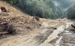 Slip on State Highway 6 at Lyell after fresh material covered the road on Friday 17 June, 2022.