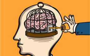 opening mind - conceptual vector illustration of cage in head with brain inside and hand opening it with key