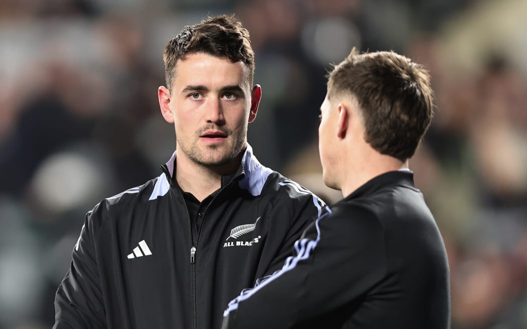 Will Jordan talks to Cam Roigard during the Second Test of the 2024 Steinlager Ultra Low Carb Series between the New Zealand All Blacks and England at Eden Park in Auckland, New Zealand on Saturday July 13, 2024. Copyright photo: Aaron Gillions / www.photosport.nz
