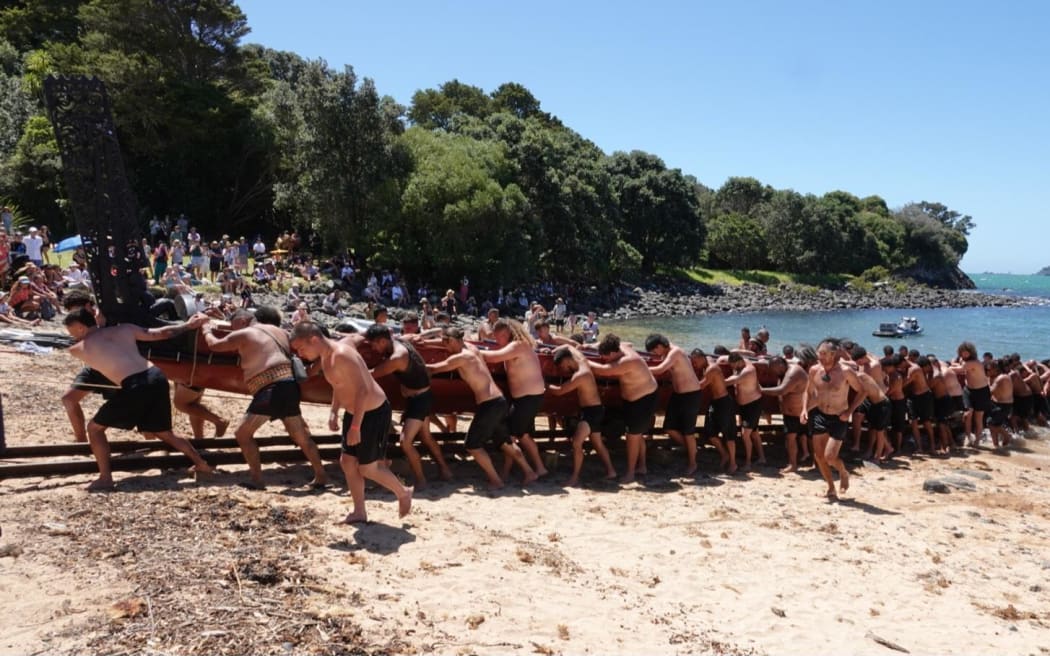 The great waka Ngatokimatawhaorua is returned to its whare, until next year.