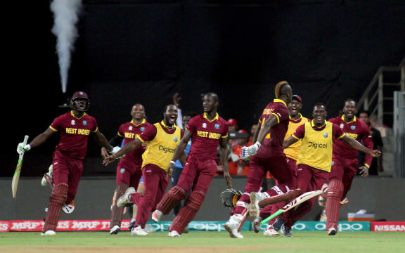 West Indies celebrates winning against India at the ICC T20 World Cup 2016 semi final 2 at Wankhede Stadium, Mumbai, India.