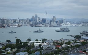 The HMNZS Canterbury and Te Mana frigates seen in Auckland harbour.