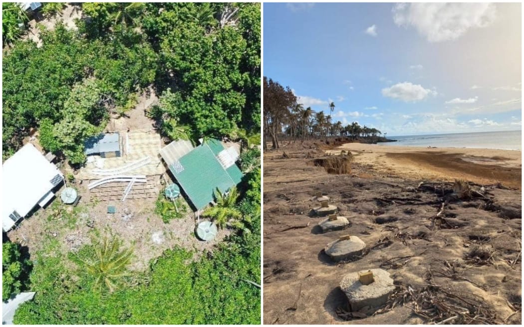 An aerial shot of the Sheens' home in Nomuka and concrete piles which were all that was left of it after the Hunga Tonga-Hunga Ha'apai volcanic eruption.