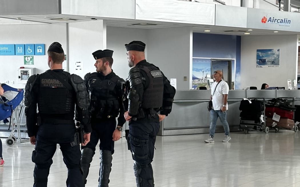 Some of the heavy police presence at Nouméa airport on Monday, 13 May, 2024.