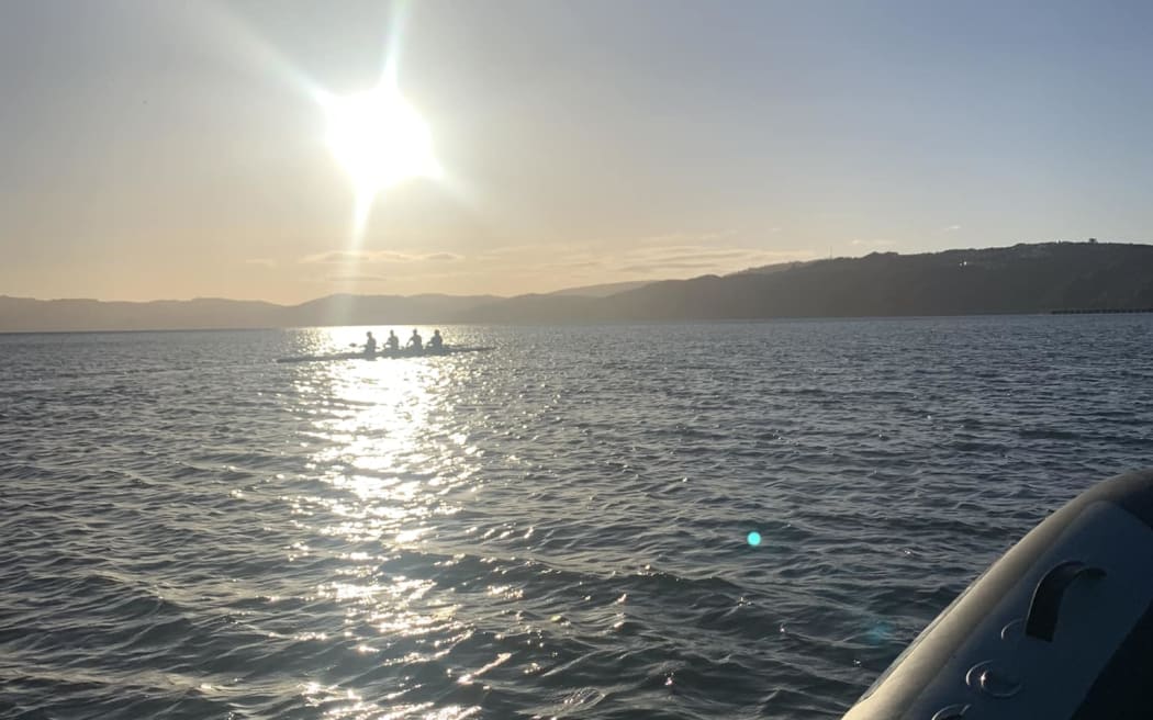 Rowers including Toby Ireland rowing along the Petone foreshore in Wellington