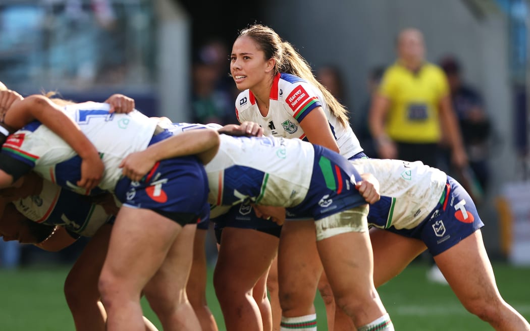 Lydia Turua-Quedley of the Warriors looks on as a scrum packs during the Sydney Roosters Women v NZ Warriors Women.