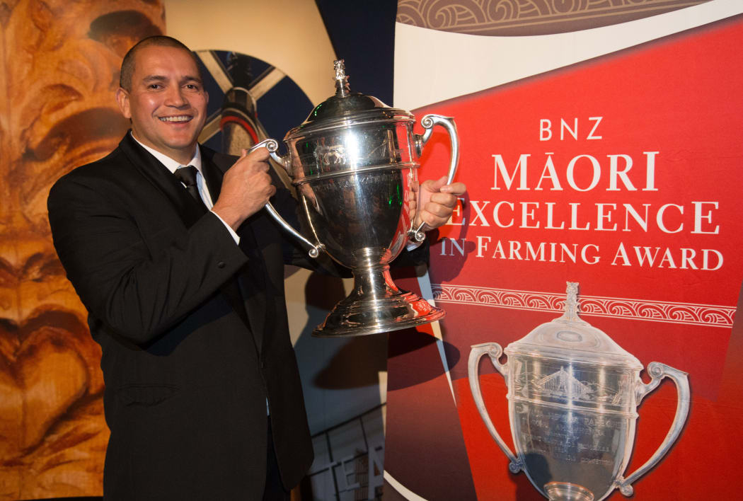 Te Rua o Te Moko Ltd chairman Dion Maaka with the Ahuwhenua Trophy.