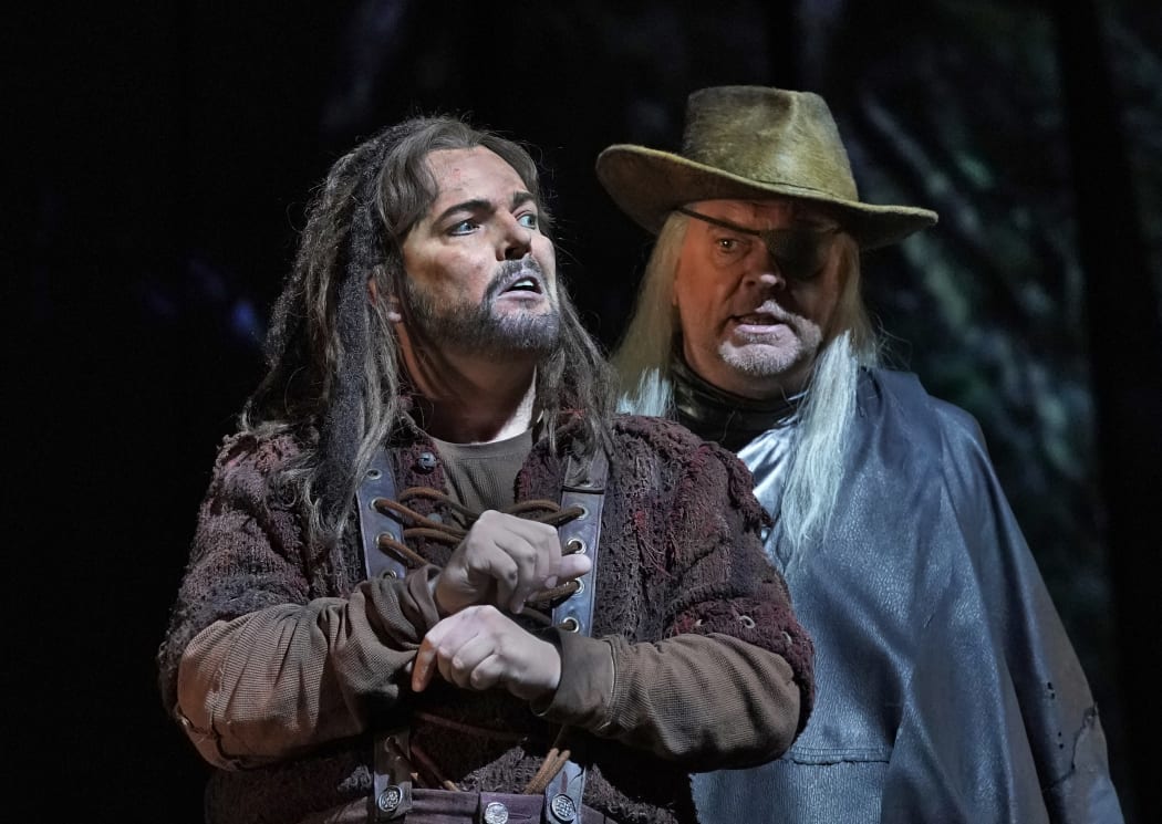 Tomasz Konieczny as Alberich and Michael Volle as the Wanderer at The Met