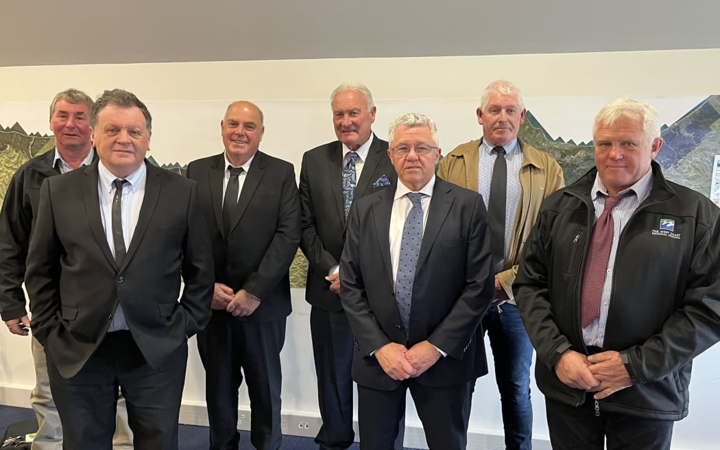 The newly inducted West Coast Regional Council following the October 2022 local body elections with councillors Peter Haddock and Allan Birchfield, back, second and third from the left, and councillor Frank Dooley, front, second from right.