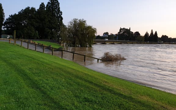 The Mataura River in Gore on Wednesday morning. It's very high with brown water.