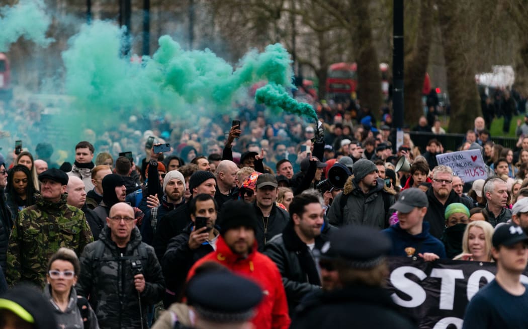 Demonstrators gather in Hyde Park during a protest against the lockdown, amid the spread of the coronavirus disease in London, Britain, 20 March 2021.