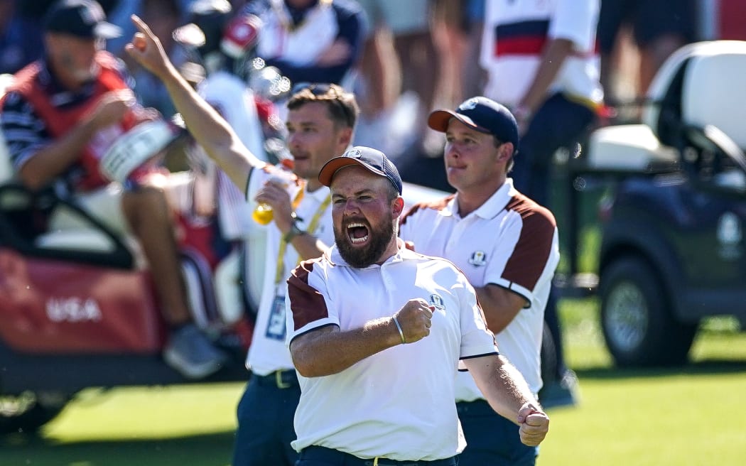 Shane Lowry celebrates during the 2023 Ryder Cup in Italy.