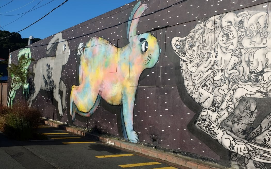 The Five Giant Rabbits mural, before it was tagged.