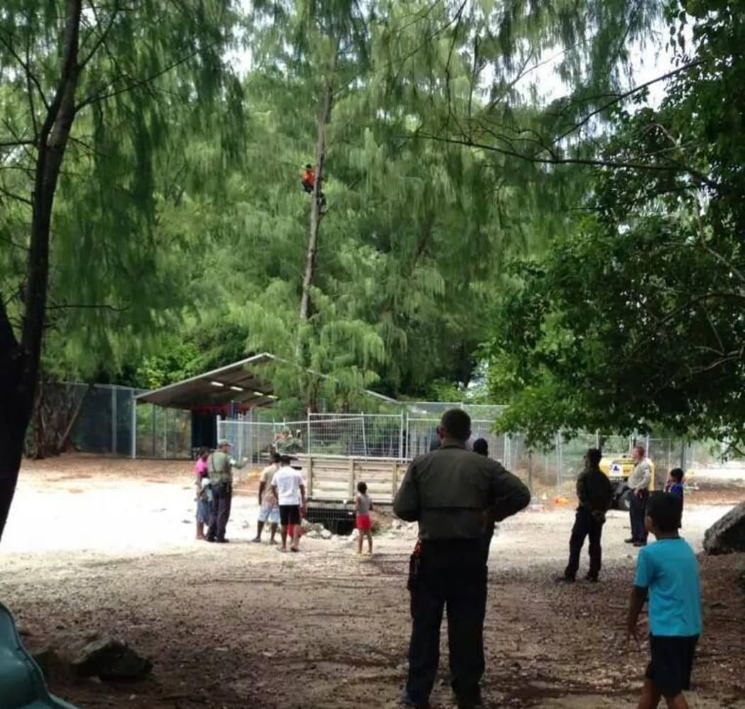 A Tamil asylum seeker on Nauru spent nine hours up a tree threatening to commit suicide on Sunday.