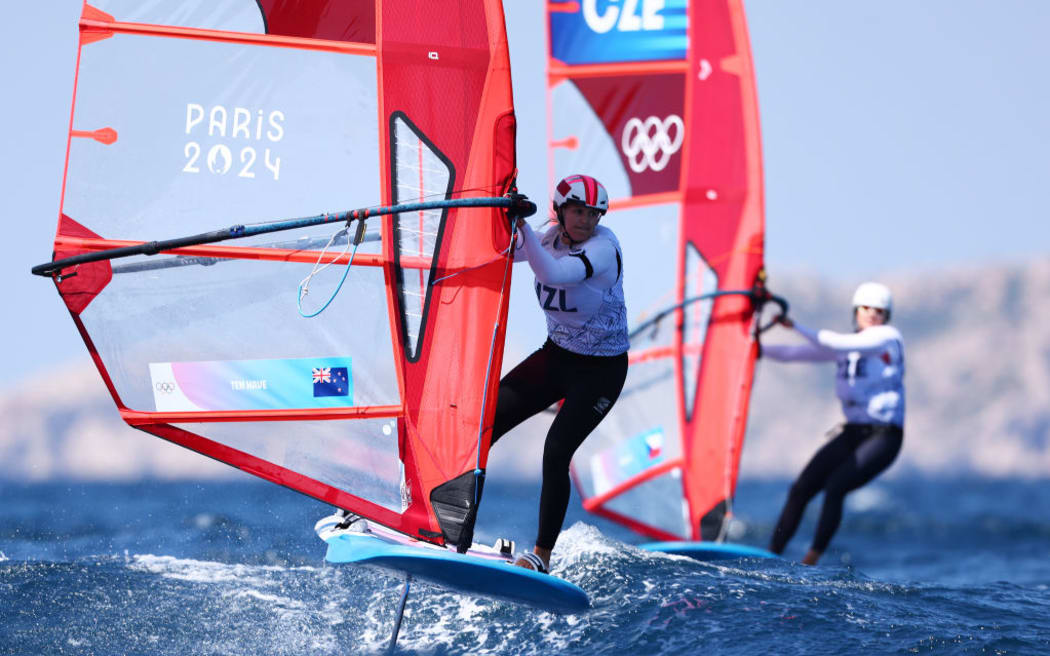 MARSEILLE, FRANCE - AUGUST 03: Veerle ten Have of Team New Zealand competes in the Women's Windsurf iQFoil class on day eight of the Olympic Games Paris 2024 at Marseille Marina on August 03, 2024 in Marseille, France. (Photo by Phil Walter/Getty Images)
