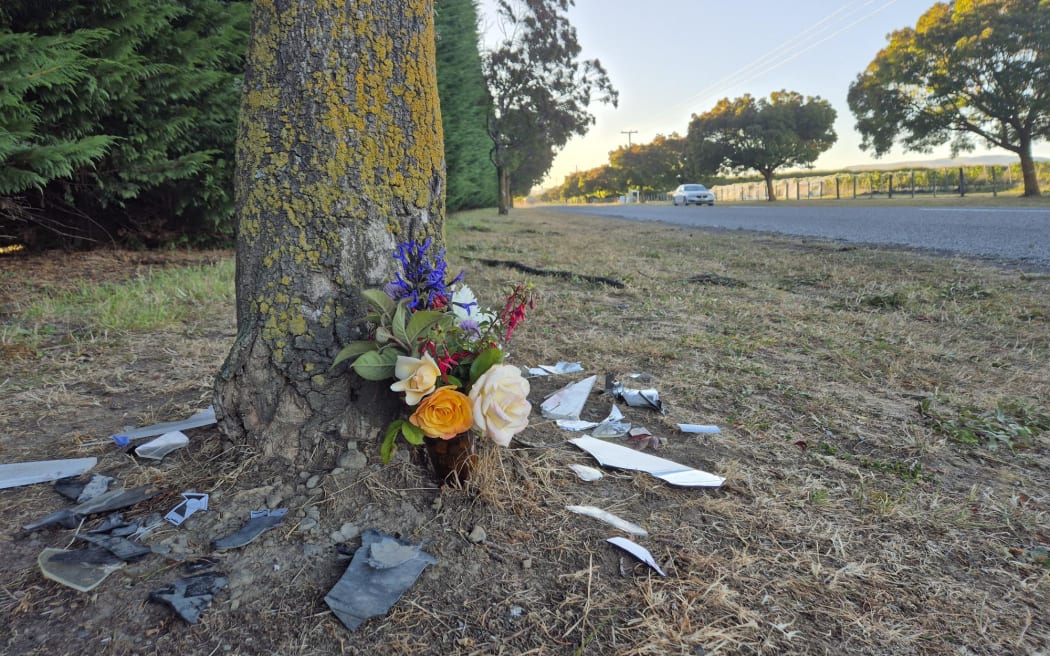 Flowers laid at the scene of a deadly bike-car crash on Puruatanga Road in Martinborough on 14 February, 2025.