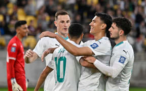 Sarpreet Singh celebrates after scoring a goal during the FIFA World Cup Qualifier OFC - New Zealand All Whites v Fiji at Sky Stadium,
Wellington.