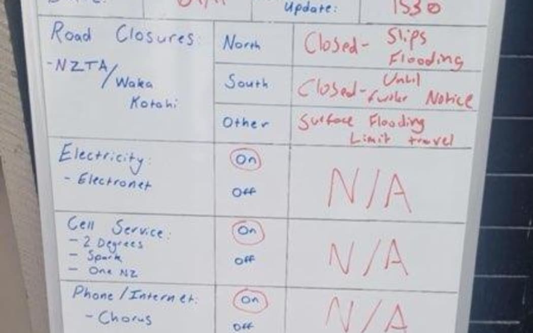 A Civil Defence information board at a Four Square store in Franz Josef, during floods after heavy rain, on 9 November, 2024.