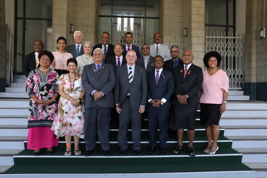 The New Zealand delegation led by Speaker Trevor Mallard with Fiji MPs after a three-hour talanoa workshop session at Fiji's Parliament