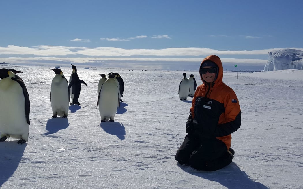 RNZ producer Alison Ballance meets some curious Emperor penguins at Cape Crozier, on Ross Island in Antarctica.