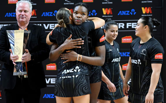 INVERCARGILL, NEW ZEALAND - SEPTEMBER 28: Martina Salmon and Grace Nweke of New Zealand share a moment following game three of the Taini Jamison Trophy series between New Zealand Silver Ferns and South Africa Proteas at ILT Stadium Southland on September 28, 2025 in Invercargill, New Zealand. (Photo by Joe Allison/Getty Images)