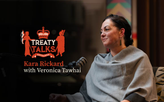 Crest referencing the nz coat of arms but featuring silhouette of a woman holding tino rangatiratanga flag and a crown with māori designs and the word Aotearoa at the base.
Colours are mainly red with some cream, all on a black background.
Text reads Kara Rickard with  Veronica Tawhai. 
Image of guest in conversation with host Kara (who is out of shot)
