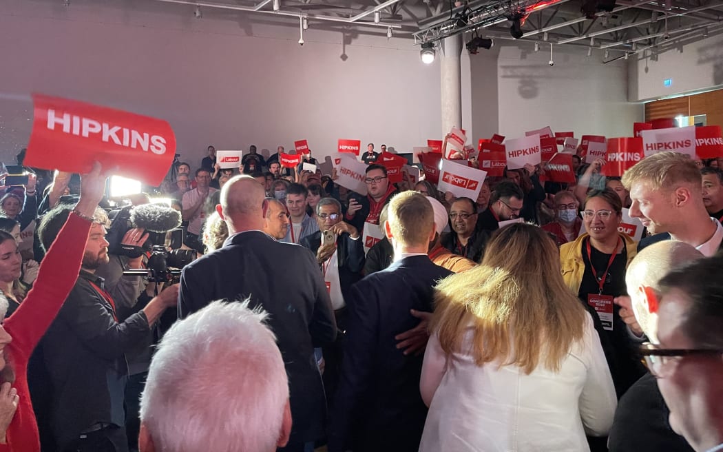 Prime Minister Chris Hipkins, centre, greets supporters at the Labour congress, Sunday 28 May.