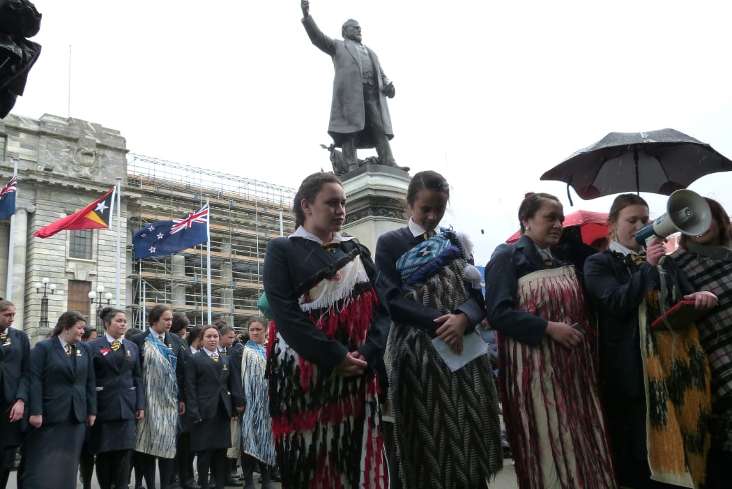 Demonstration at Parliament by Turakina Māori Girls' College students campaigning to keep the kura open.