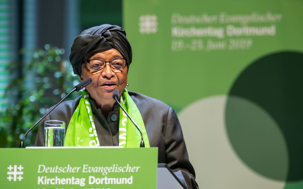 Ellen Johnson Sirleaf, former President of Liberia, speaks at the 37th German Protestant Church Congress on 22 June 2019, North Rhine-Westphalia, Dortmund