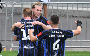 Sam Cosgrove of Auckland FC celebrates his goal with teammates Francis de Vries and Louis Verstraete in their 1-0 win over Sydney FC at Mount Smart Stadium in Auckland,  7 February 2026. 
© Photo: Andrew Cornaga / Photosport