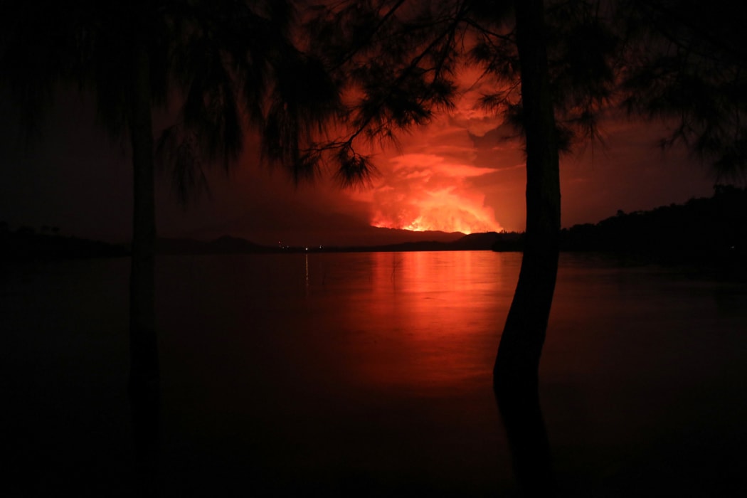 A view of the Nyiragongo volcano taken  from Tchegera Island outside Goma on the lake Kivu in the East of the Democratic Republic of Congo on 22 May 2021.