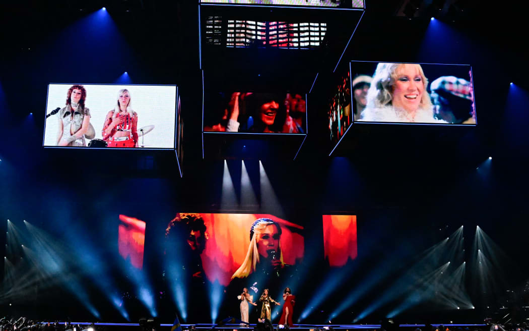 (LtoR) Swedish singers Charlotte Perrelli and Carola Häggkvist and Austrian singer Conchita Wurst perform a tribute to Swedish band Abba at the end of the final of the 68th Eurovision Song Contest (ESC) 2024 on May 11, 2024 at the Malmo Arena in Malmo, Sweden.