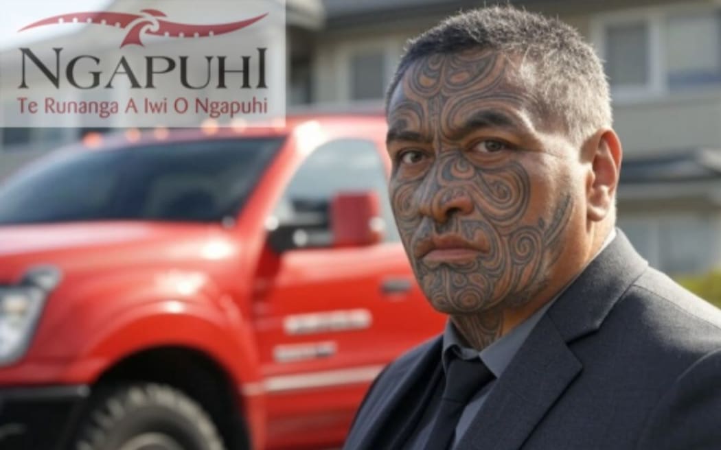 The post, which was taken from X and shared on Facebook, features an artificial image of a Māori man with a facial moko standing in front of a red ute and a visible rūnanga logo.