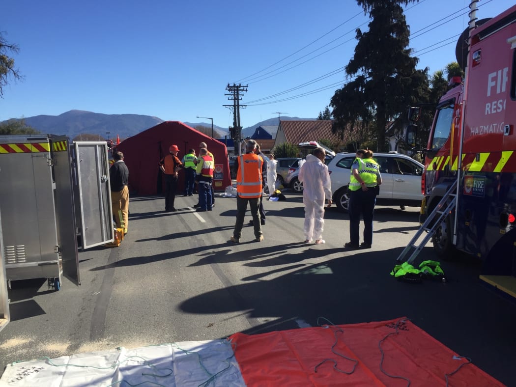 Motueka's main street is blocked off due to a chemical spill.