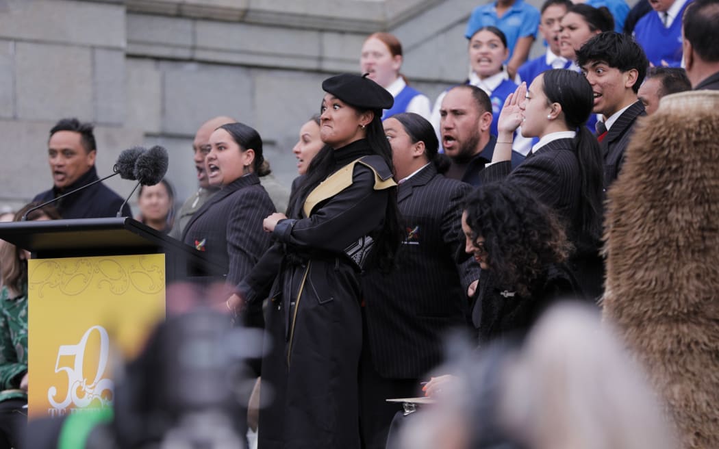 Crowds gathered outside Parliament in Wellington on 14 September, to marks 50 years since the Māori Language Petition was presented to Parliament.