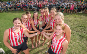 St Margarets winning u18 eight at the NZ Secondary Schools Rowing Championships, Lake Karapiro, 2019
