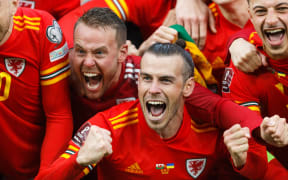 Gareth Bale of Wales celebrates with team-mates.